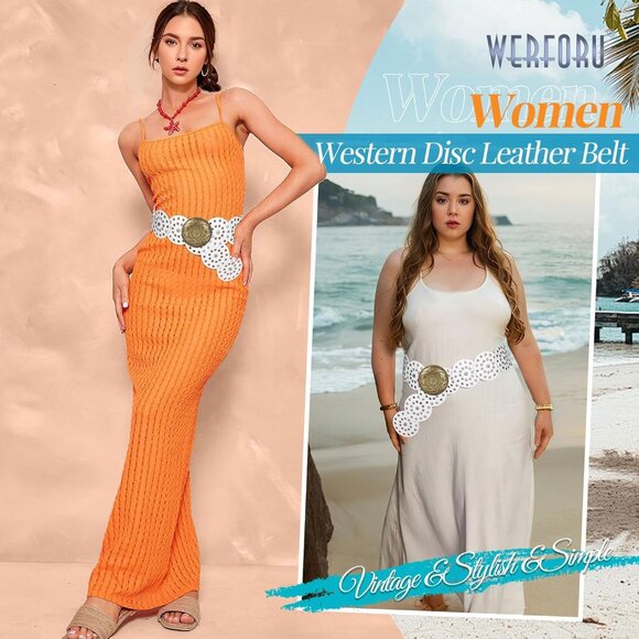 Women Vintage Leather Boho Belt Western Disc Waist Belt for Dress or Jeans - Picture 3 of 6